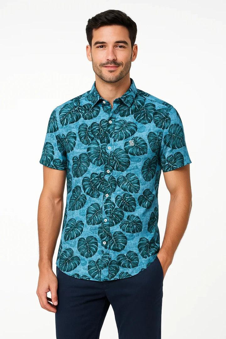 Camisa Slim Fit Estampada Folhagem Azul - Leon Elegance