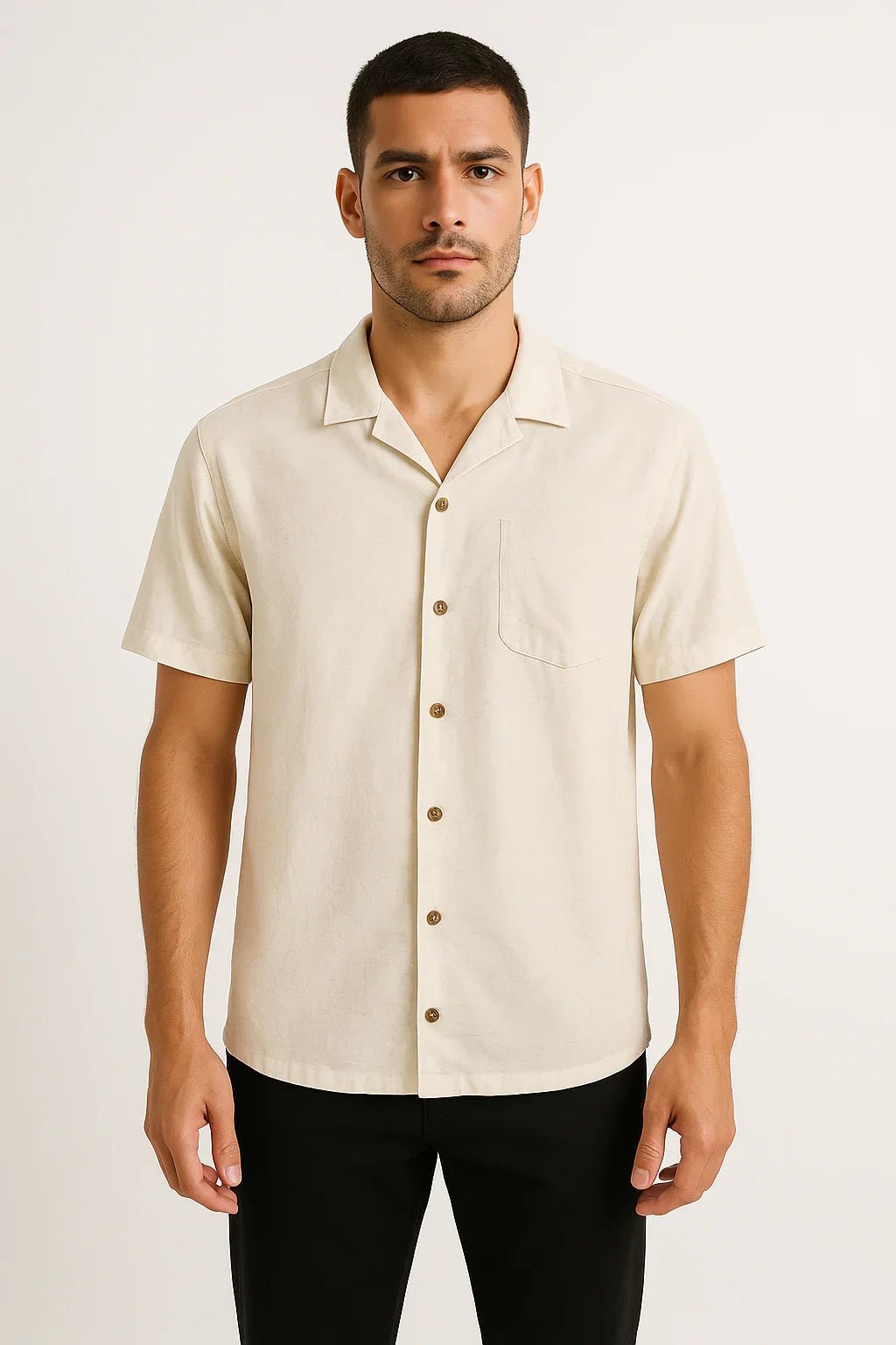 Camisa Tradicional Linho Gola Cubana Off White - Leon Elegance