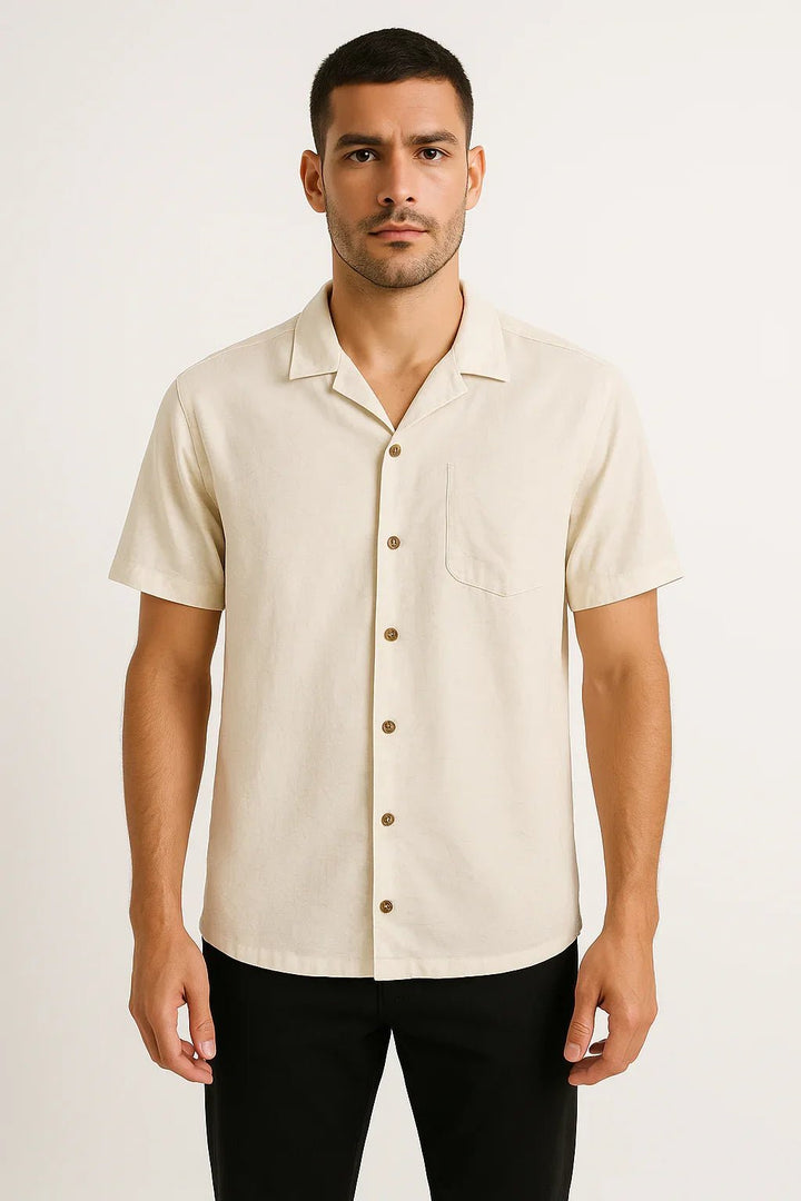 Camisa Tradicional Linho Gola Cubana Off White - Leon Elegance
