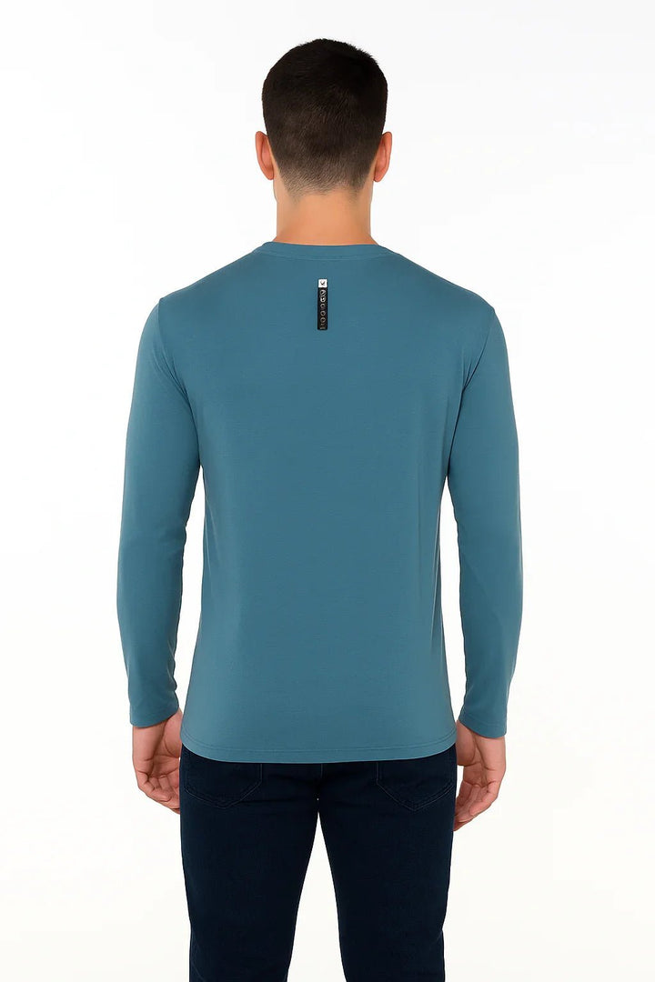 Camiseta Manga Longa Gola V Azul Petróleo Masculina - Leon Elegance