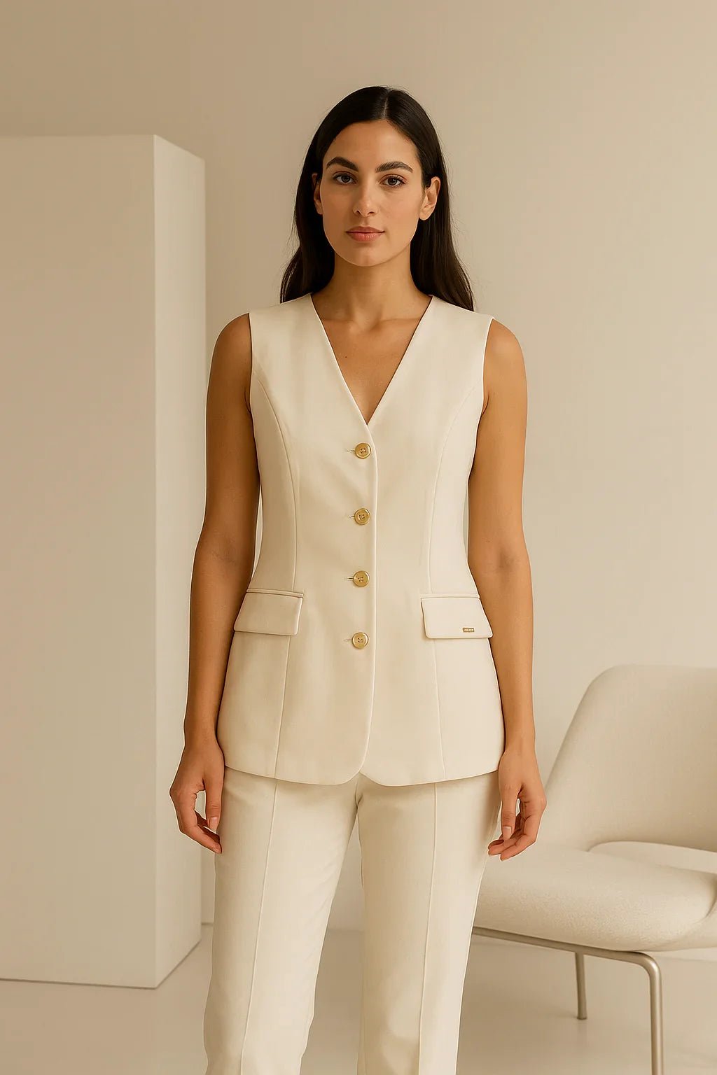 Colete Alfaiataria klepton Feminino Bege Botões Dourados - Leon Elegance