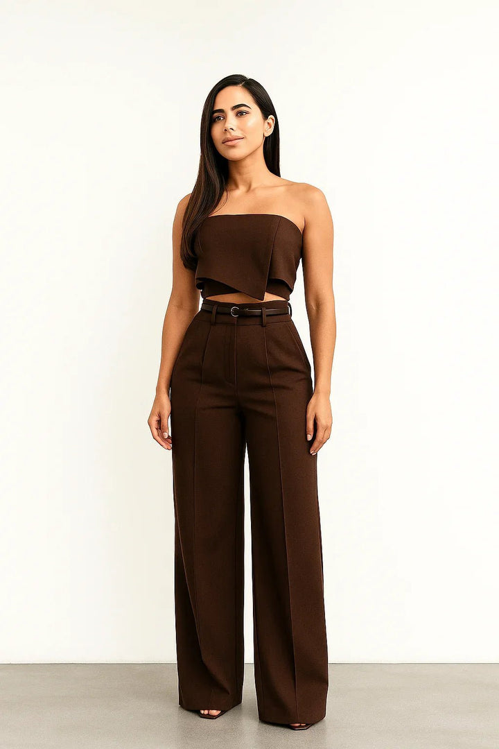 Conjunto com Cropped Tomara que Caia e Calça Pantalona Alfaiataria - Leon Elegance