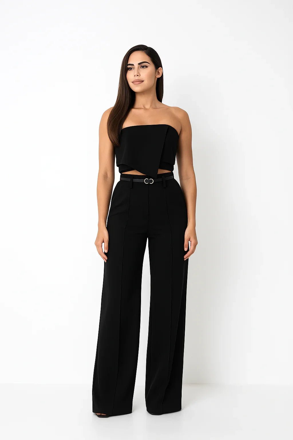 Conjunto com Cropped Tomara que Caia e Calça Pantalona Alfaiataria - Leon Elegance