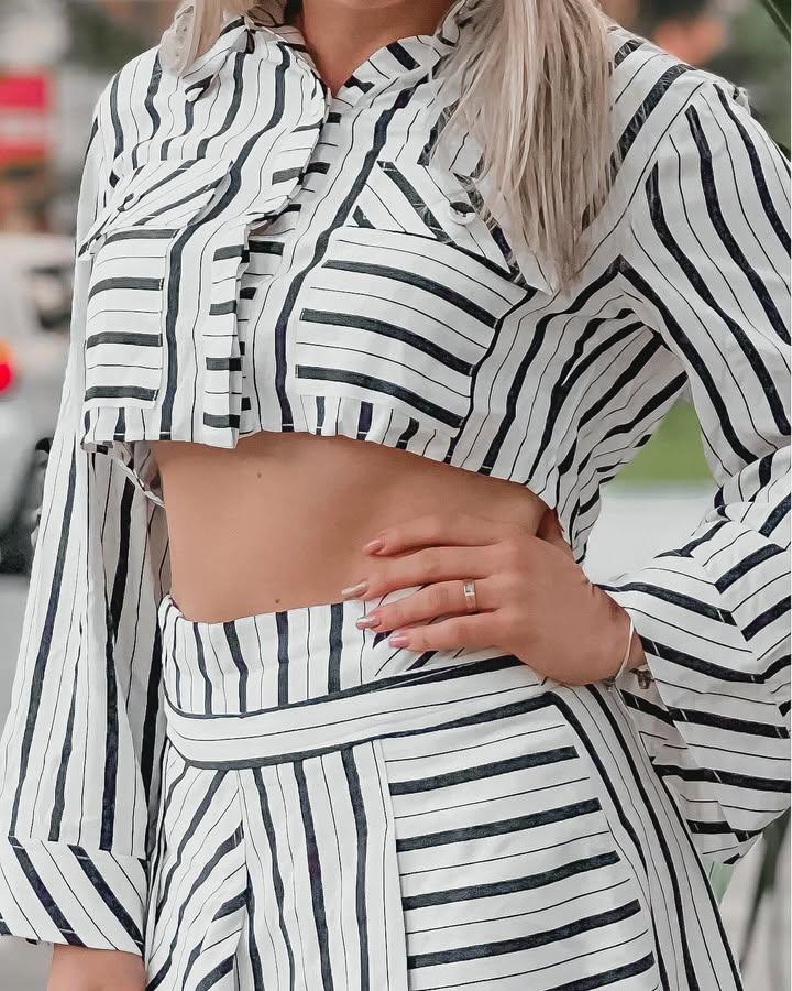 Conjunto Cropped e Saia Midi Tufi Duek Listrado - Leon Elegance
