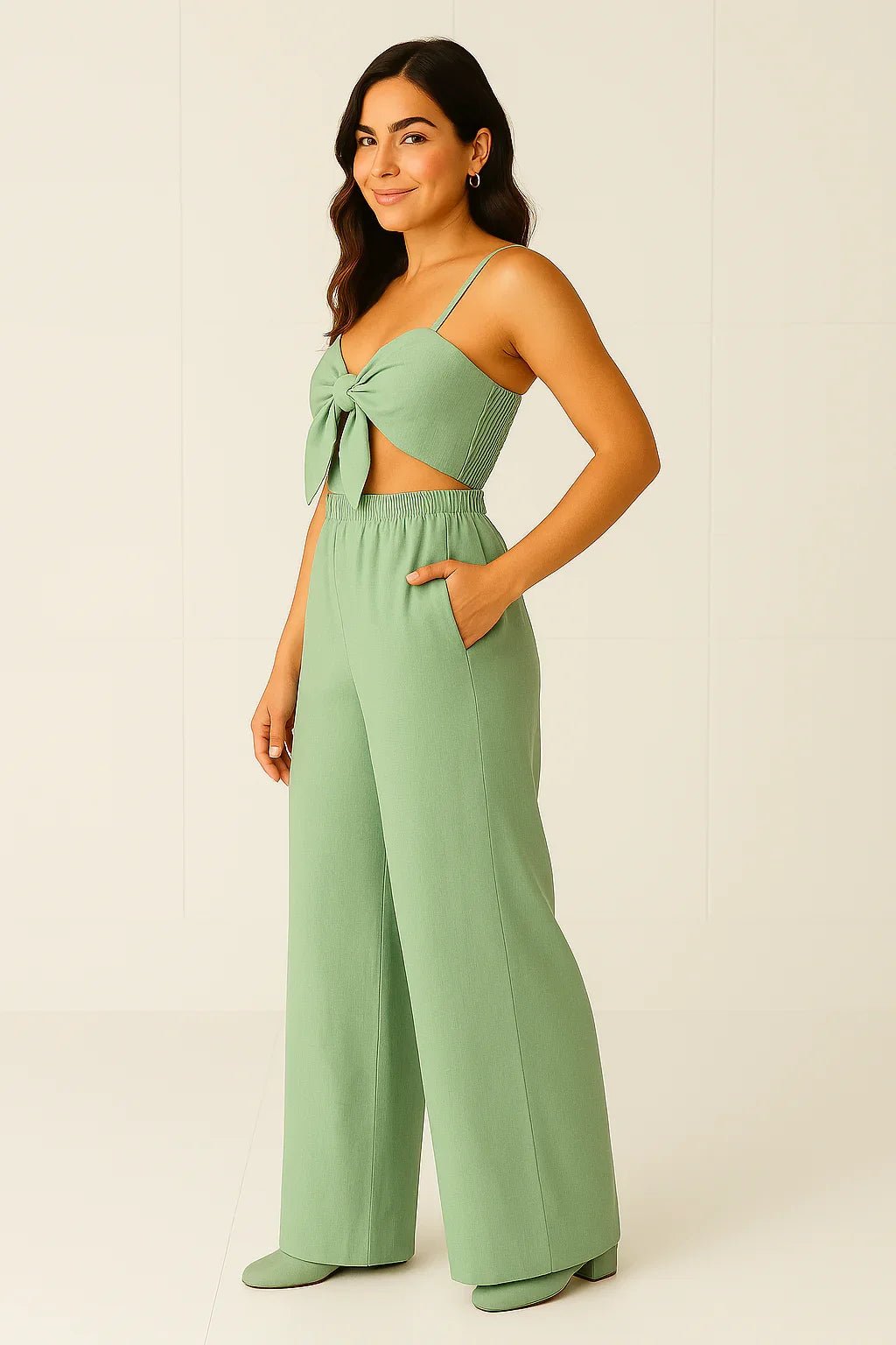 Conjunto Feminino com Cropped Laço e Calça Pantalona - Leon Elegance