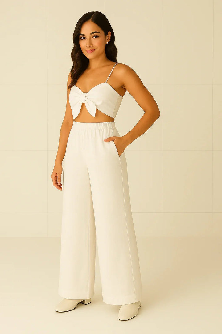 Conjunto Feminino com Cropped Laço e Calça Pantalona - Leon Elegance