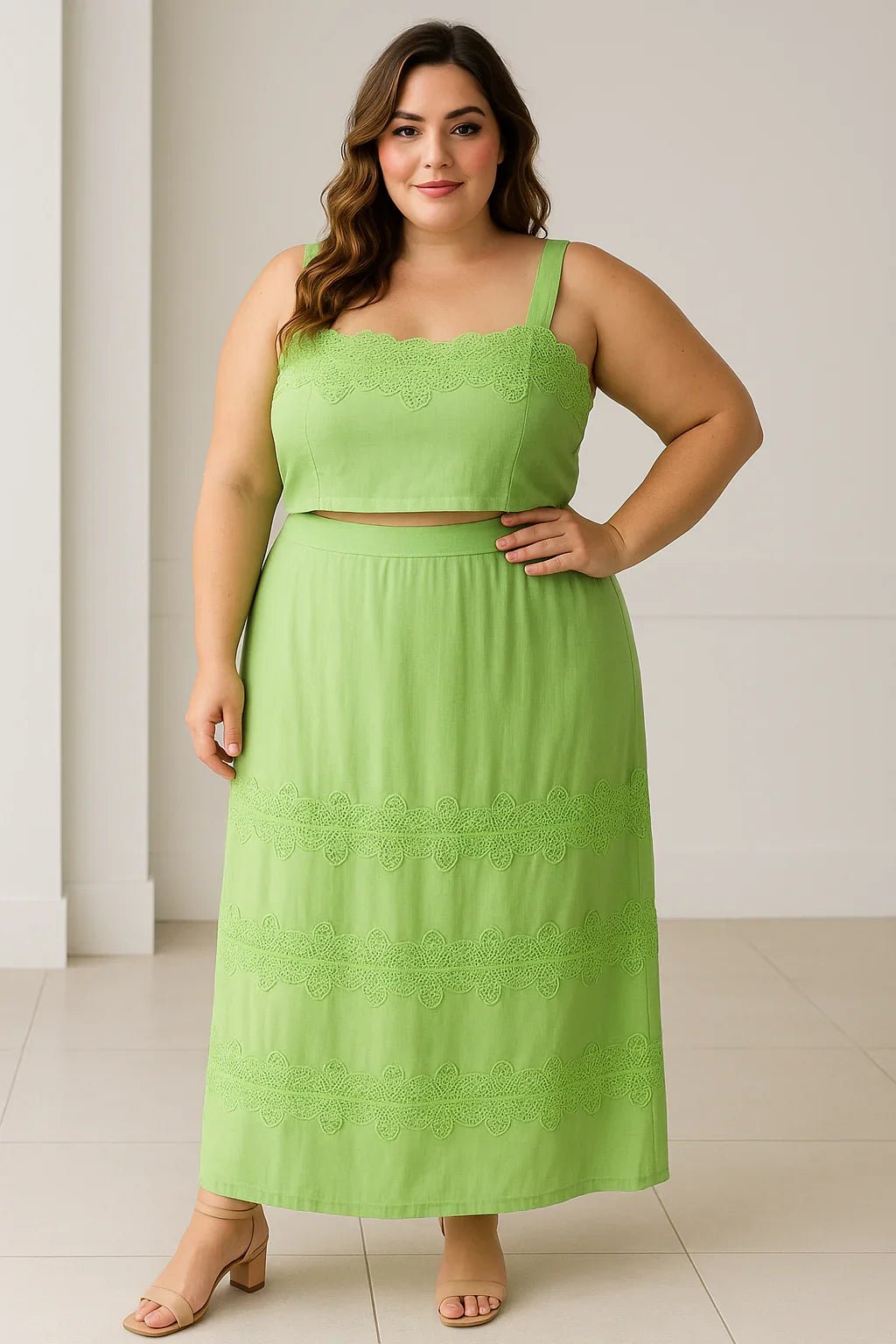 Conjunto Verde em Linho Klepton Plus Size Cropped e Saia Longa - Leon Elegance