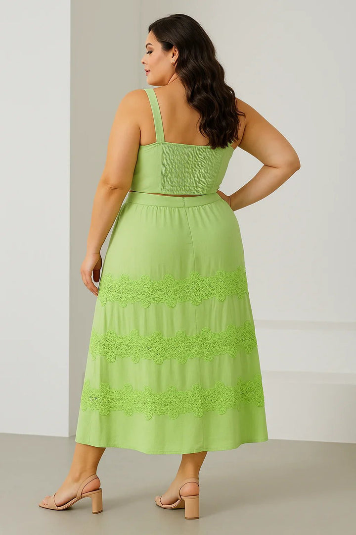 Conjunto Verde em Linho Klepton Plus Size Cropped e Saia Longa - Leon Elegance