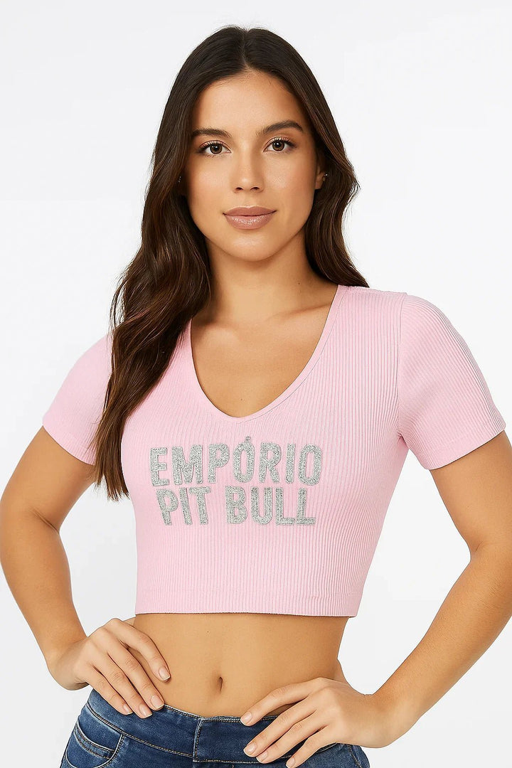 Cropped Feminino Empório Pit Bull com Logo em Strass - Leon Elegance