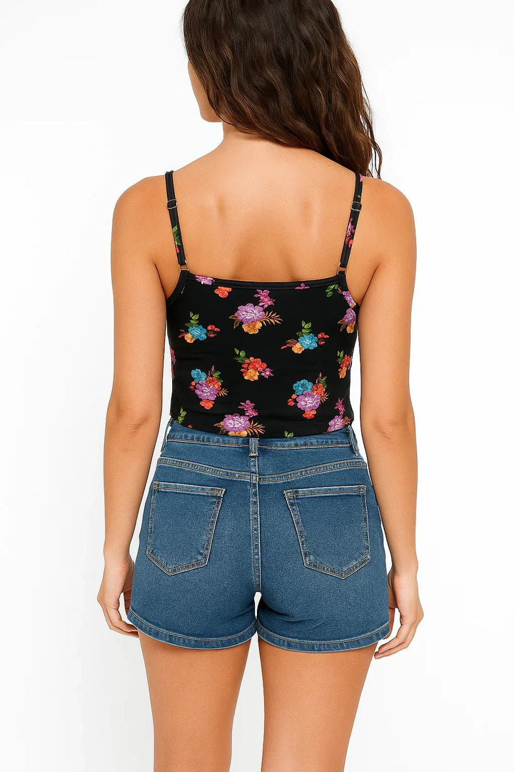 Cropped Feminino K2B Floral Preto com Alças Finas - Leon Elegance