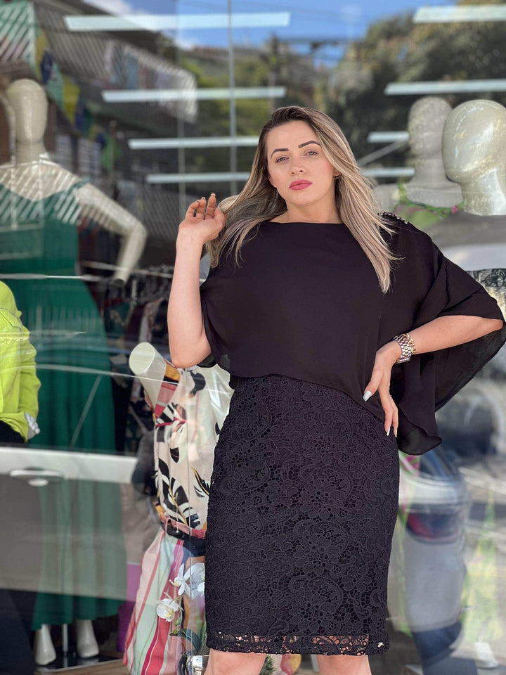 Vestido Midi Renda e Blusa de Sobrepor Leon - Leon Elegance