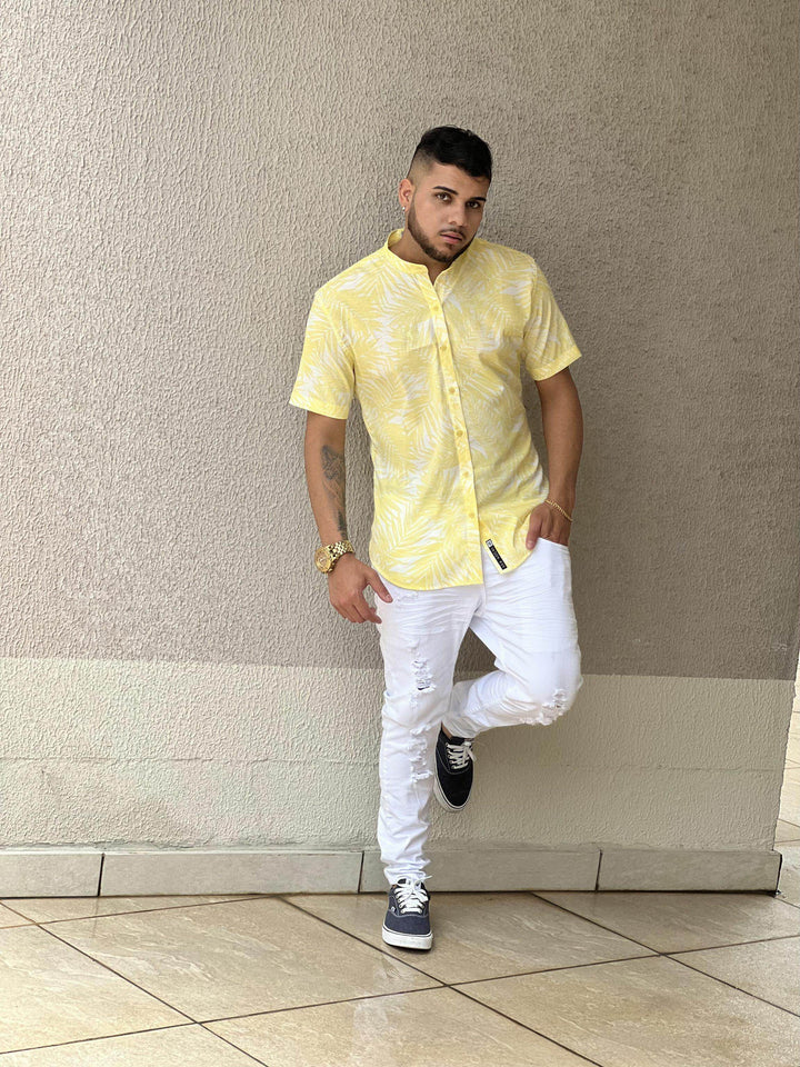 Camisa Tricoline Estampada em Gola Padre Leon - Leon Elegance