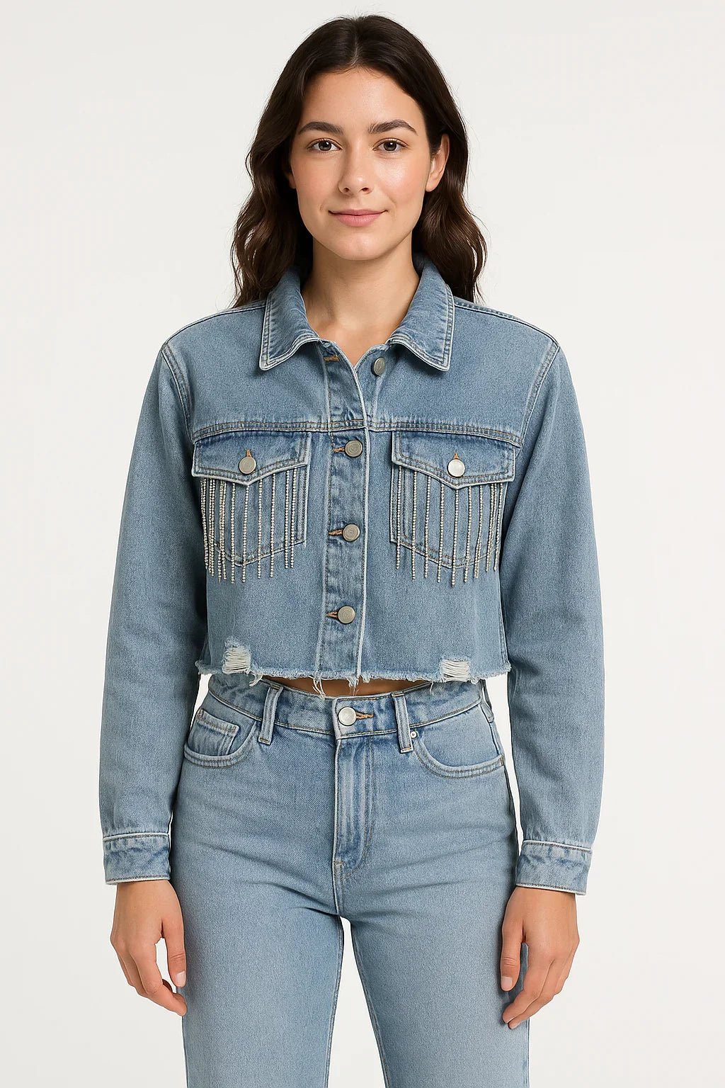 Jaqueta Jeans Cropped Feminina com Franjas sawary - Leon Elegance