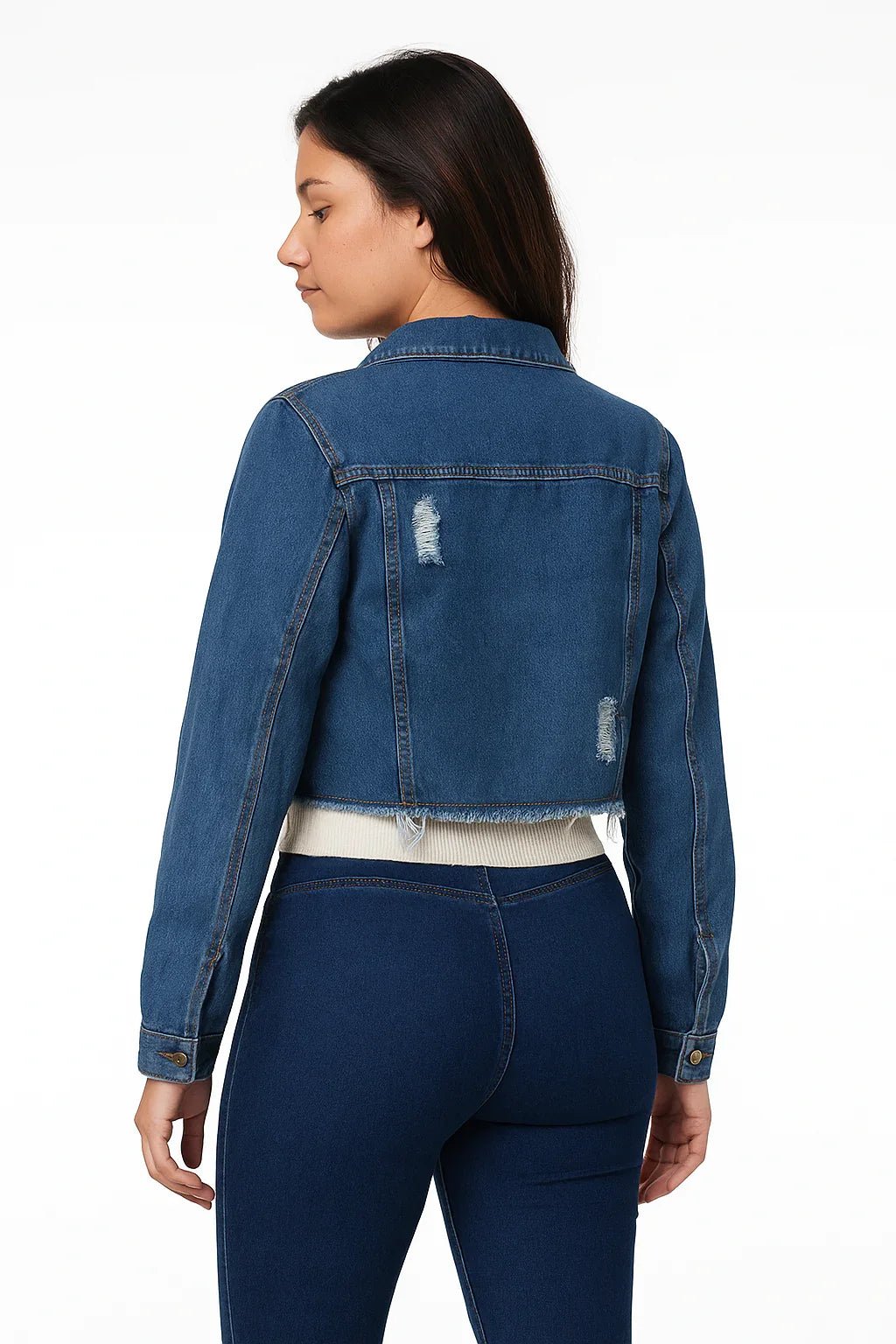 Jaqueta Jeans Feminina Cropped Barra Desfiada Leon - Leon Elegance