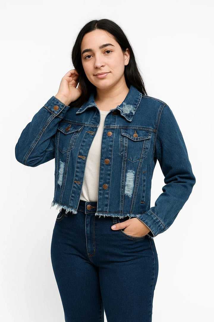 Jaqueta Jeans Feminina Cropped Barra Desfiada Leon - Leon Elegance