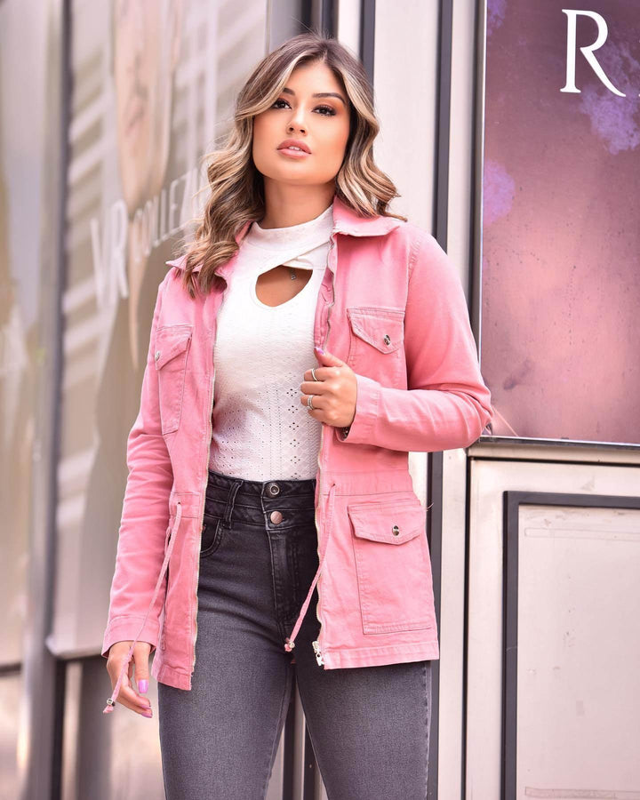 Jaqueta Klepton Feminina Rosa Bolsos Utilitários - Leon Elegance