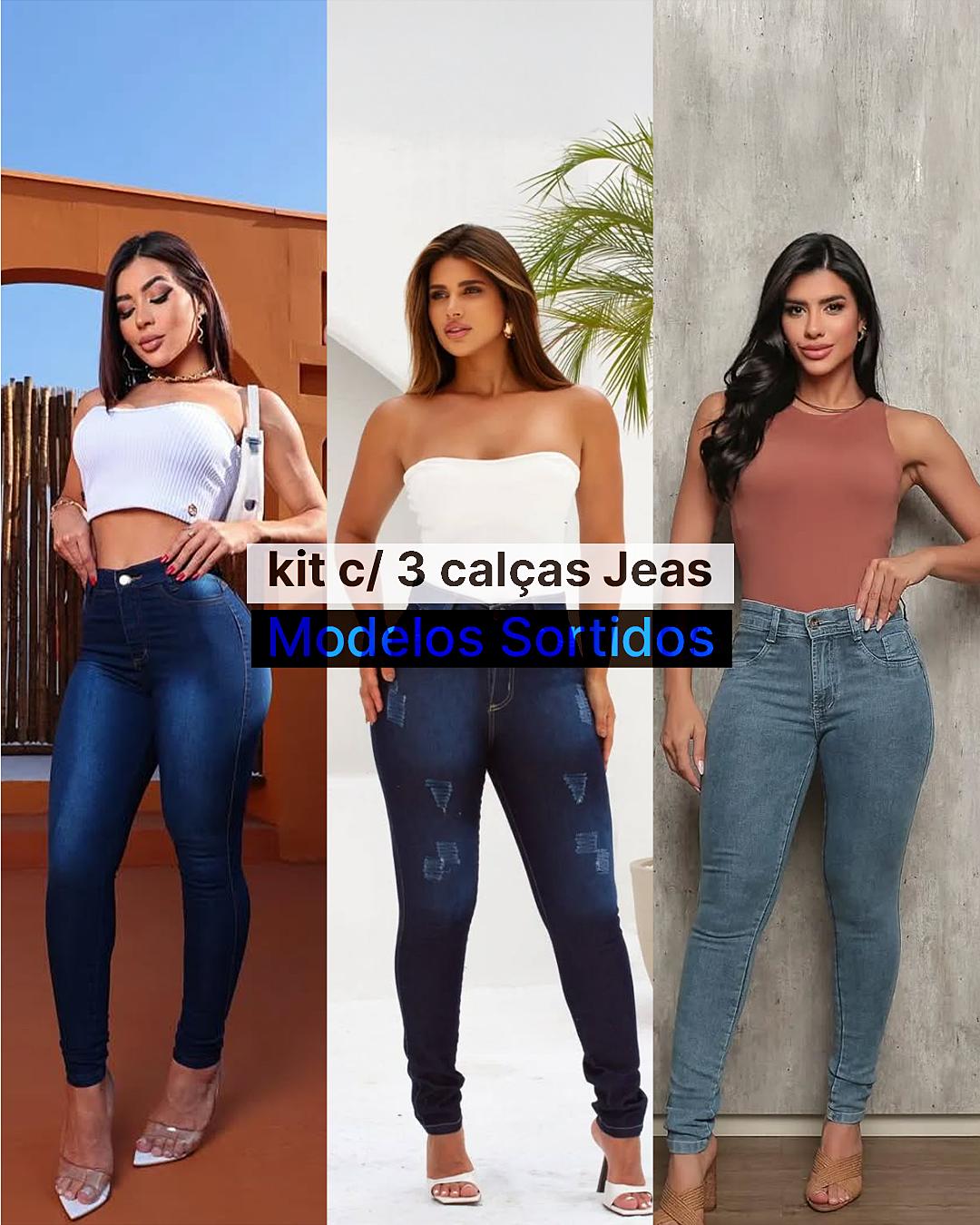 Kit 3 Calças Jeans Femininas Sortidas Skinny Cintura Alta Super Stretch - Leon Elegance