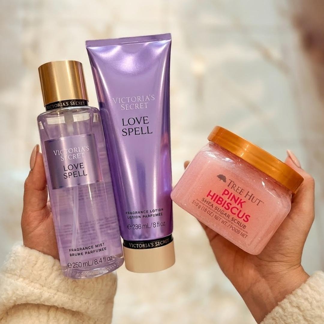 Kit LoveSpell 100% Original: Body Splash 250ml, Loção Hidratante e Esfoliante para Cuidado Corporal Completo - Leon Elegance