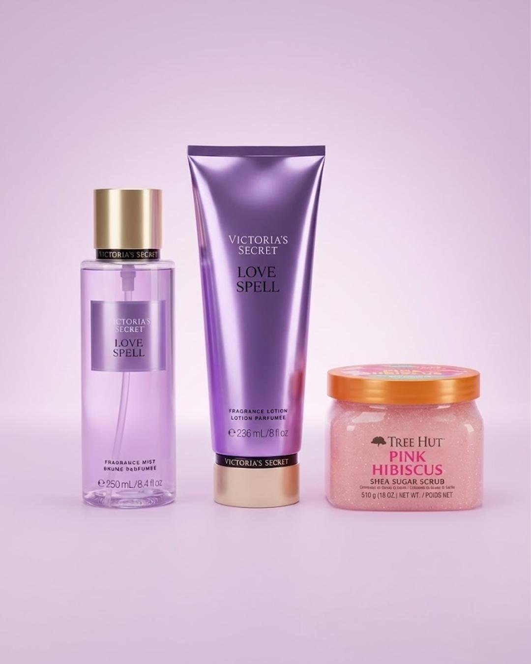 Kit LoveSpell 100% Original: Body Splash 250ml, Loção Hidratante e Esfoliante para Cuidado Corporal Completo - Leon Elegance