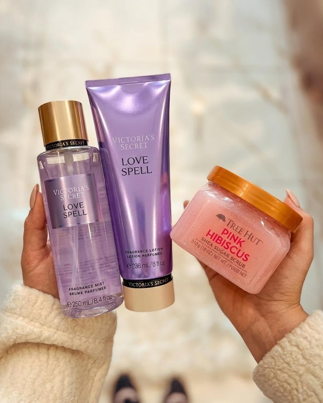 Kit LoveSpell 100% Original: Body Splash 250ml, Loção Hidratante e Esfoliante para Cuidado Corporal Completo - Leon Elegance