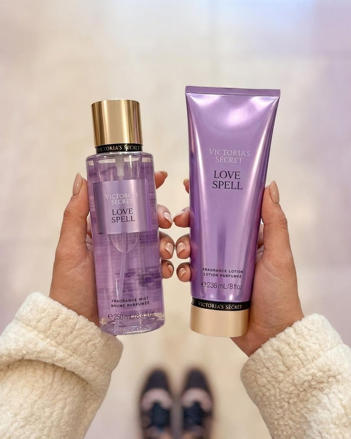 Kit LoveSpell 100% Original: Body Splash 250ml, Loção Hidratante e Esfoliante para Cuidado Corporal Completo - Leon Elegance