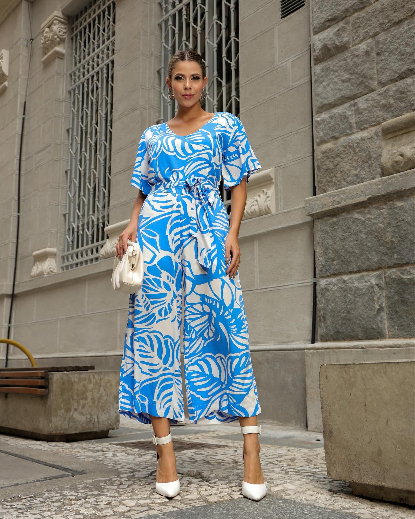 Macacão KLEPTON Azul Estampado Longo com Cinto - Leon Elegance