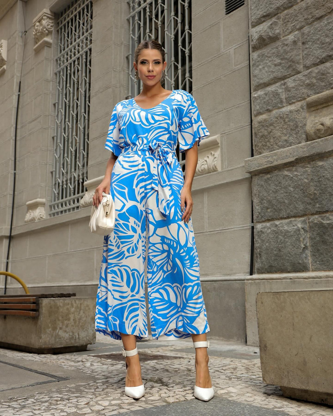 Macacão KLEPTON Azul Estampado Longo com Cinto - Leon Elegance