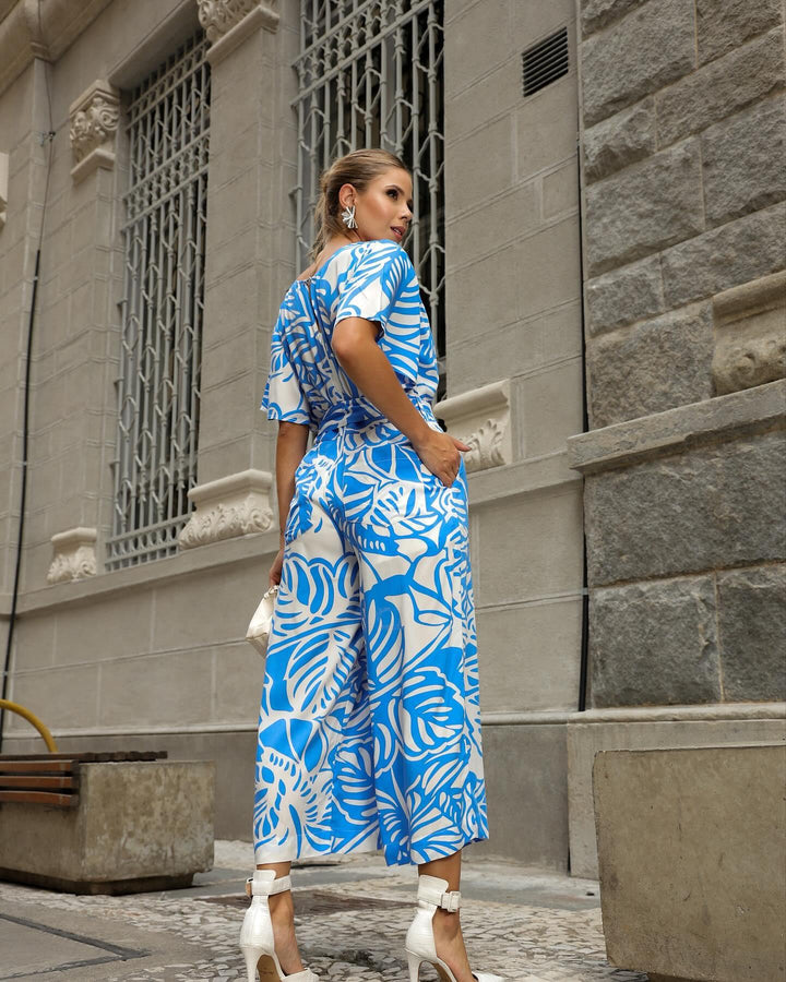 Macacão KLEPTON Azul Estampado Longo com Cinto - Leon Elegance