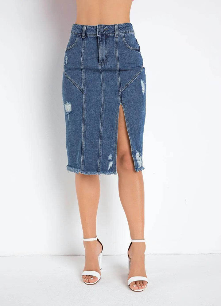 Saia Midi Jeans com Fenda Lateral Leon - Leon Elegance