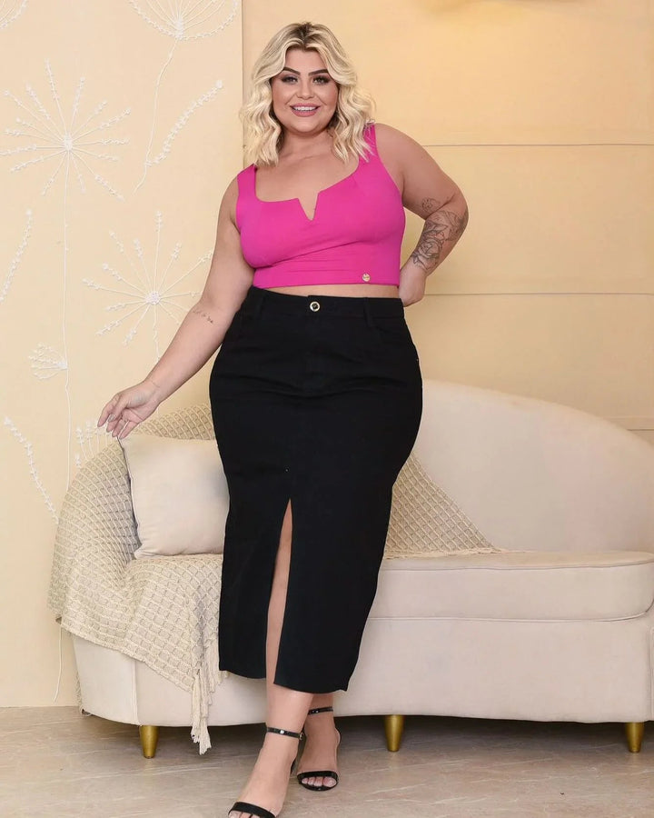 Saia Jeans Midi Preta FoFinha - Leon Elegance