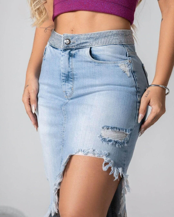 Saia Midi Jeans Assimétrica Destroyed sol - Leon Elegance