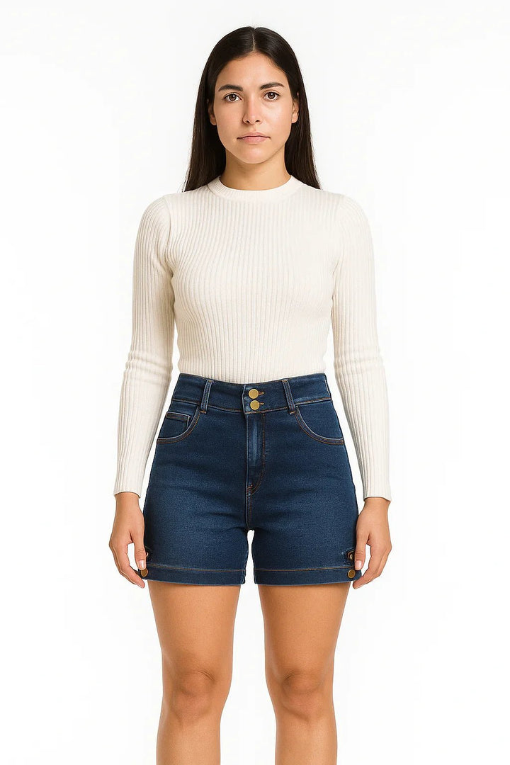 Short Jeans Feminino R19 Cintura Alta Azul Escuro - Leon Elegance