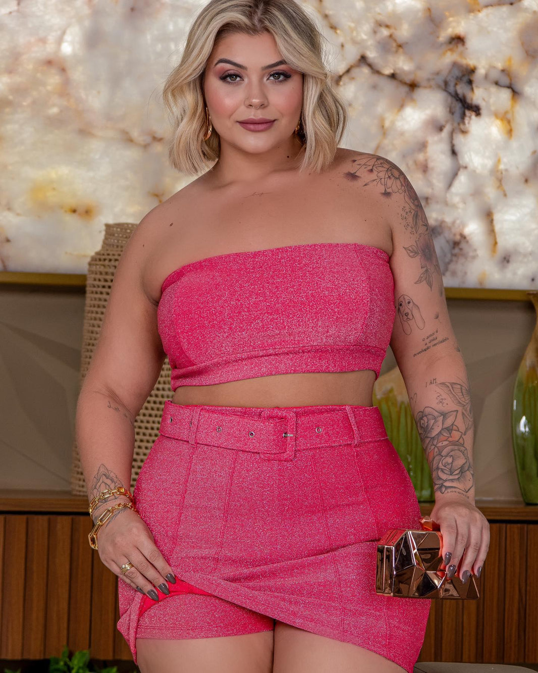 Short Saia com Cinto Estruturado Plus Size Fofofinha - Leon Elegance