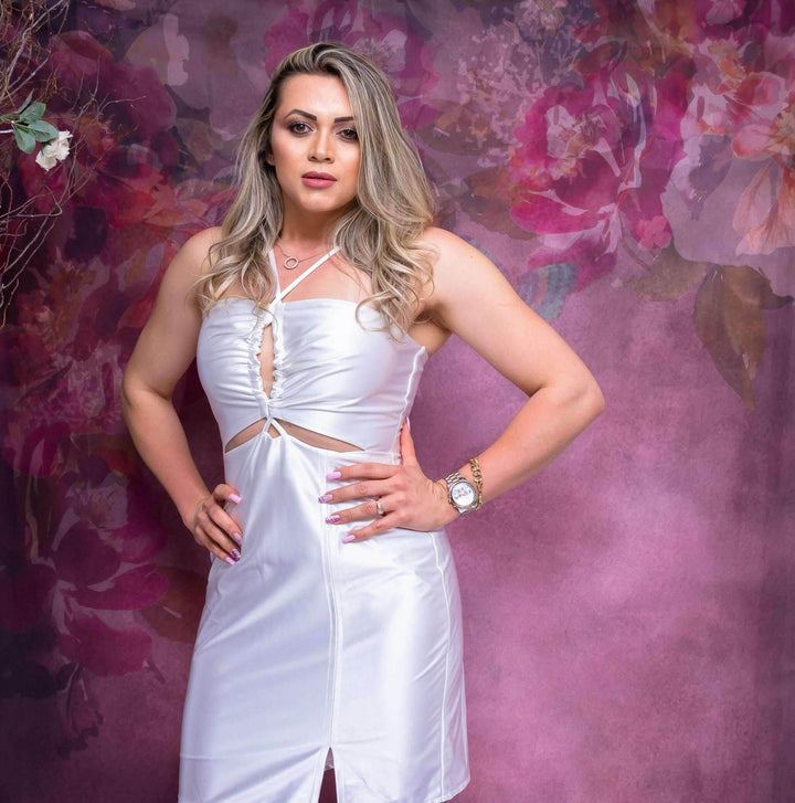 Vestido Curto Acetinado Branco Recortes Feminino Treluna - Leon Elegance