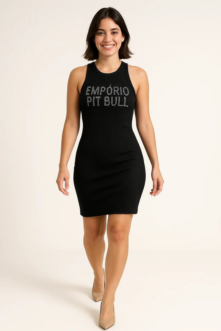 Vestido Justo Feminino Pit Bull em Malha Canelada com Logo - Leon Elegance