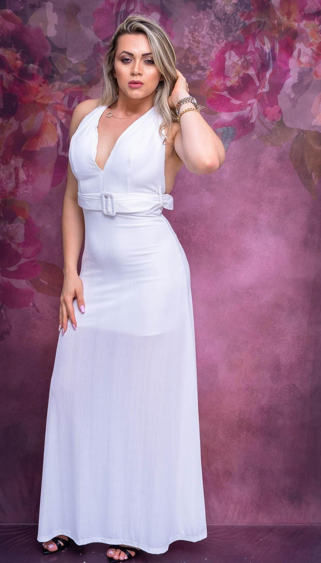 Vestido Longo Branco Feminino com Decote V e Cinto Ajustável - Leon Elegance