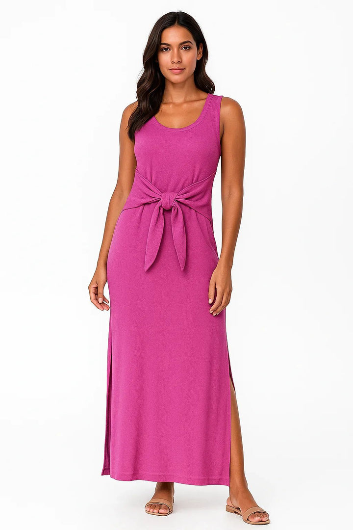 Vestido Longo Rosa com Nó Frontal e Fenda Lateral Feminino - Leon Elegance