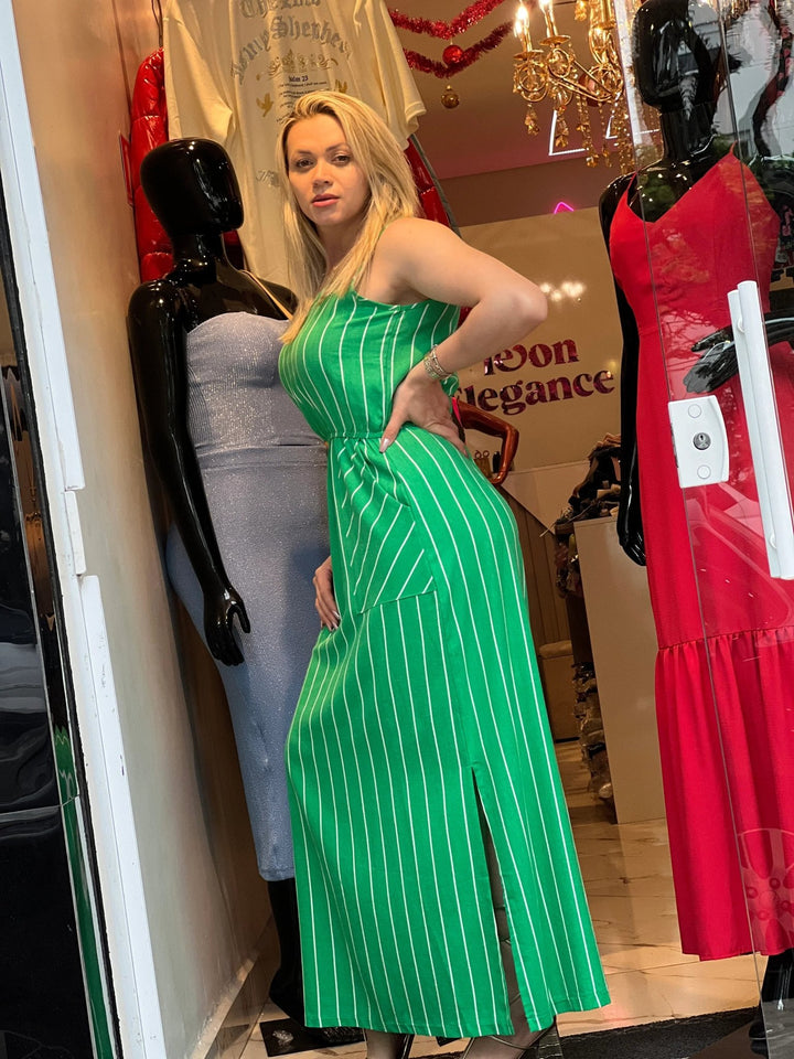 Vestido Longo Verde Listrado com Fenda Treluna - Leon Elegance