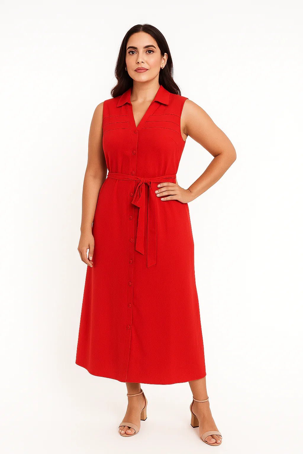 Vestido Midi Vermelho Sem Mangas com Botões e Faixa na Cintura - Leon Elegance