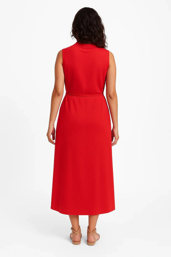 Vestido Midi Vermelho Sem Mangas com Botões e Faixa na Cintura - Leon Elegance