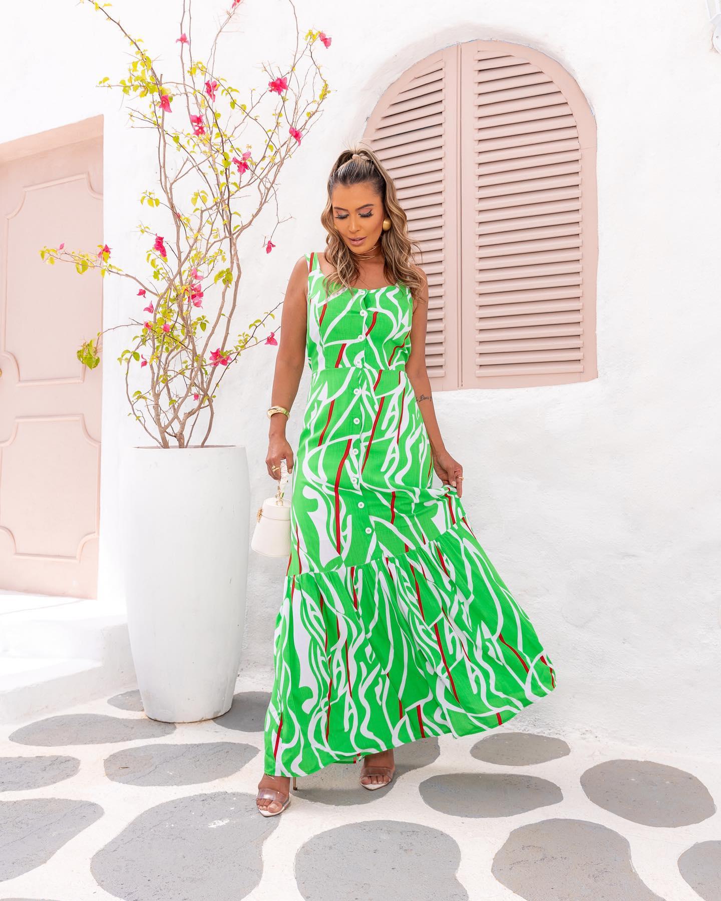 Vestido Verde Estampado com Botões Frontais Treluna - Leon Elegance